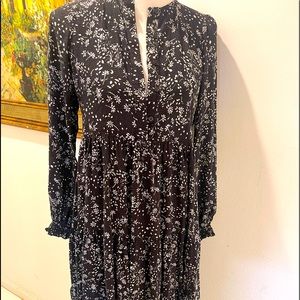 ZARA Black & White Floral MIDI Long Sleeve Dress S